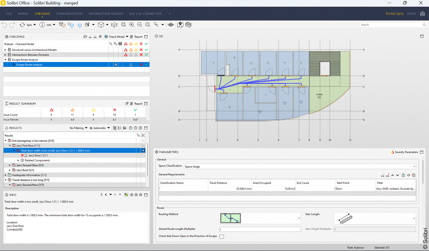 Screenshot der Software "Solibri Office" mit Infografiken und Tabellen