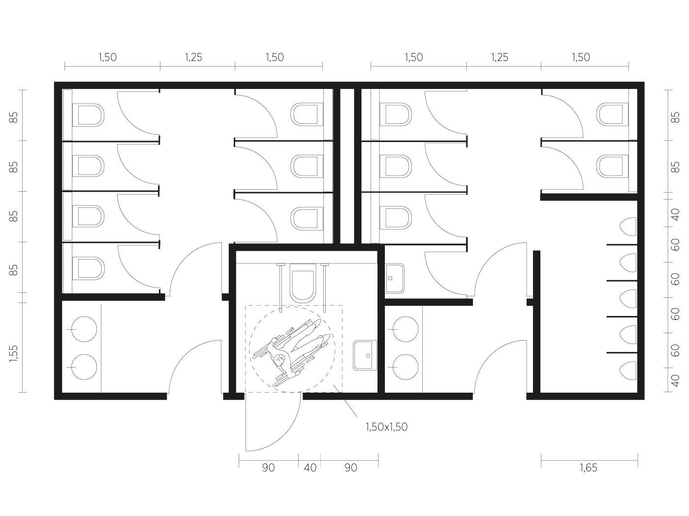 Grundriss einer herkömmlichen Toiletten-Anlage
