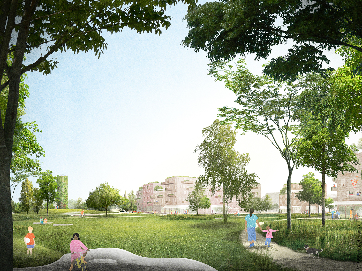 Grünanlage mit Wohnhäusern, Kindern und Erwachsenen.
