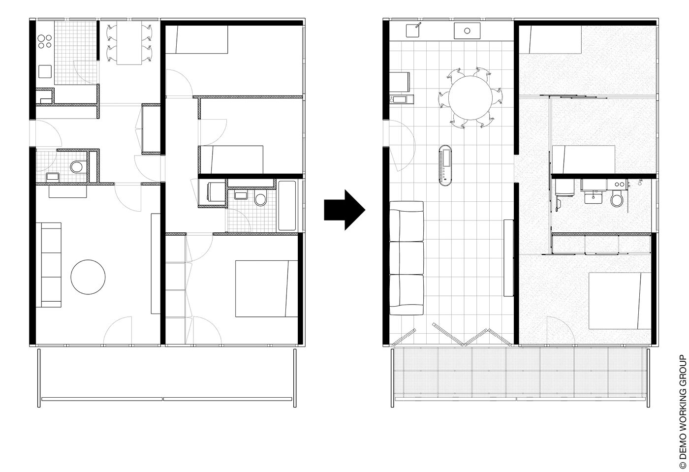 Grundrisse einer umgebauten Wohnung.