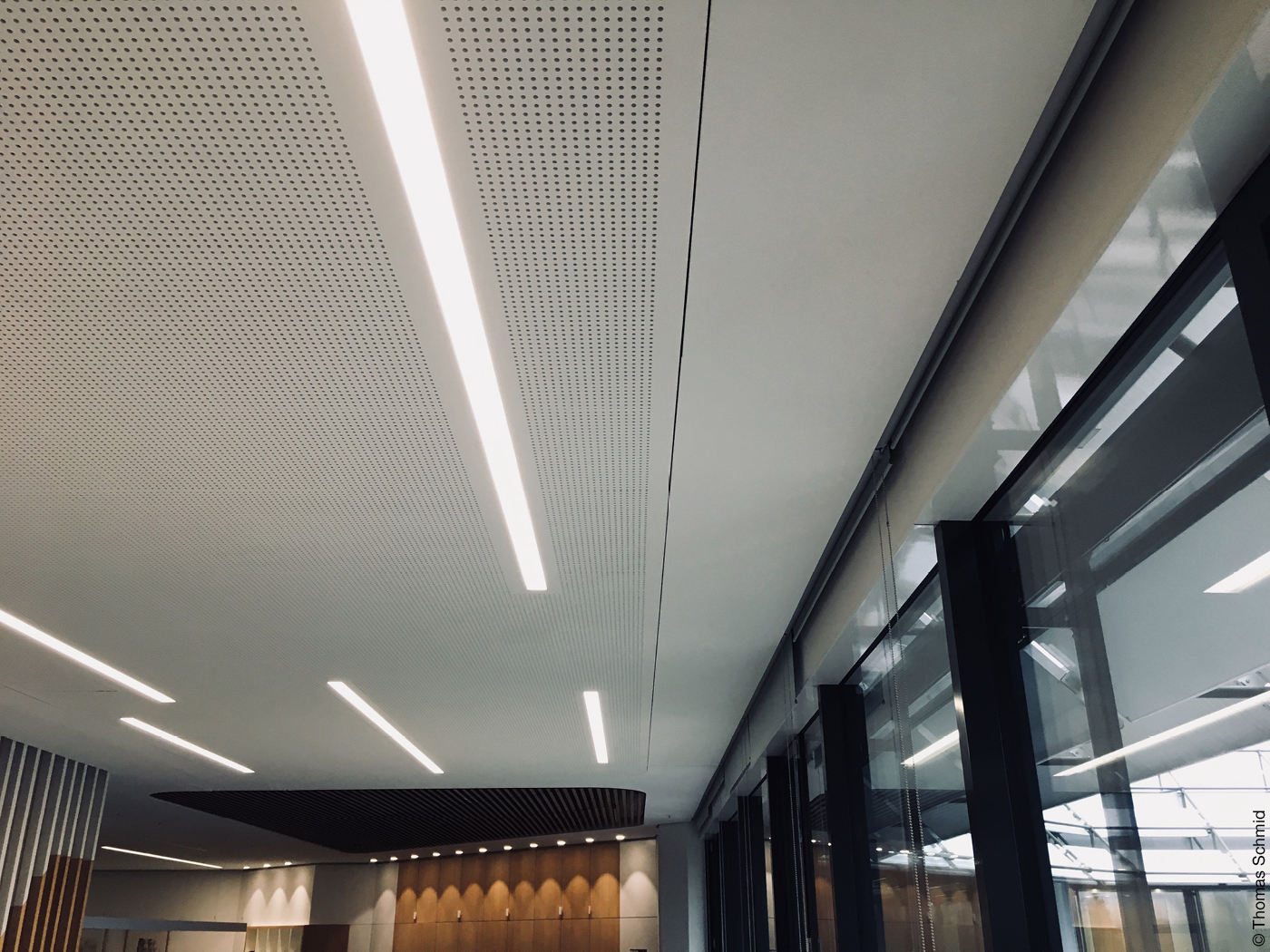 Das Foto zeigt eine Trockenbau-Unterdecke mit Leuchtstoffröhren.