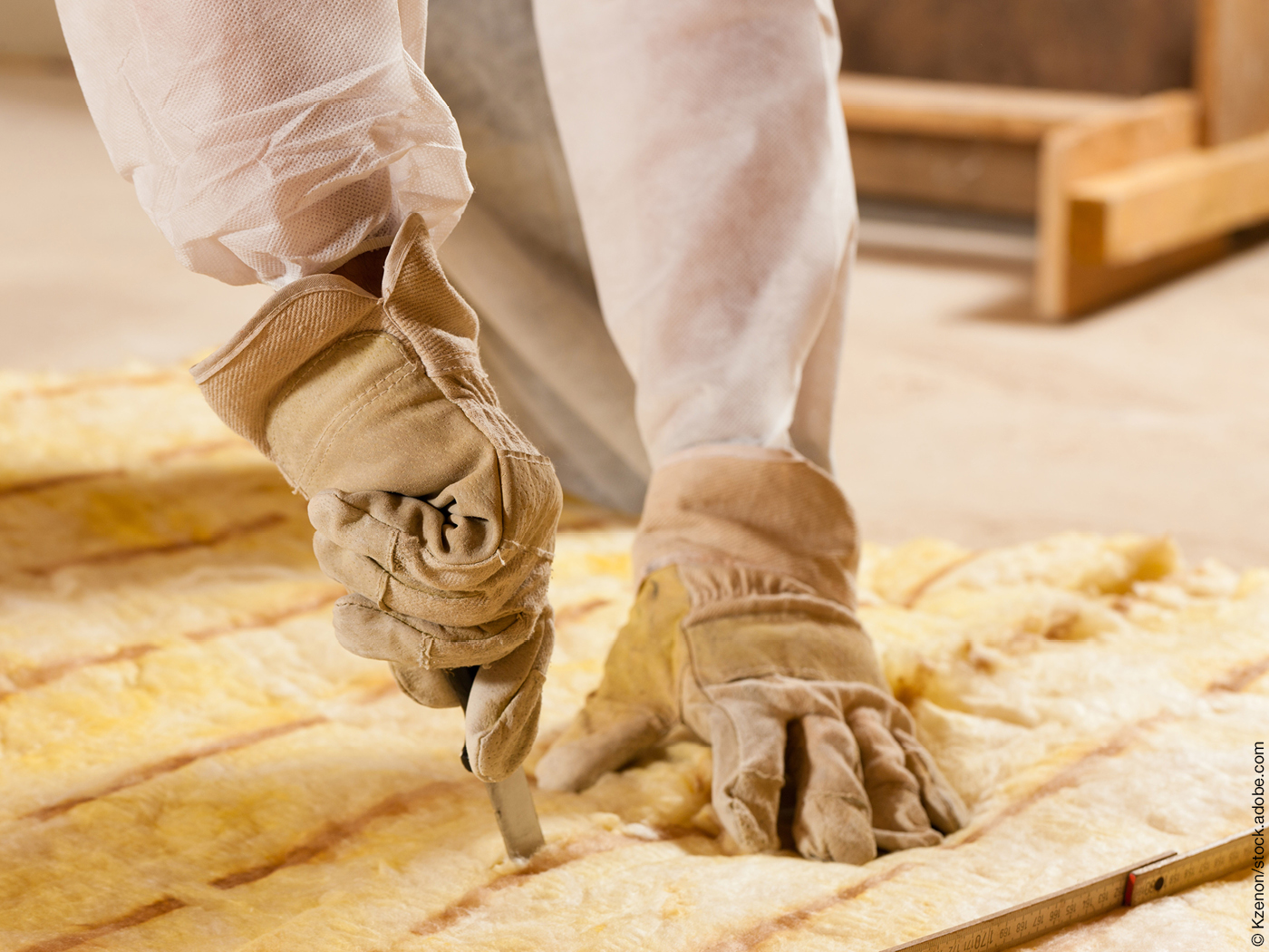 Das Foto zeigt eine behandschuhte Hand, die mit einem Messer in eine Dämmstoffplatte hinein schneidet.