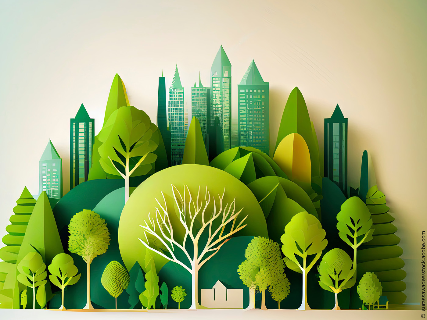 Bäume und Häuser als grüne künstlerische grafik