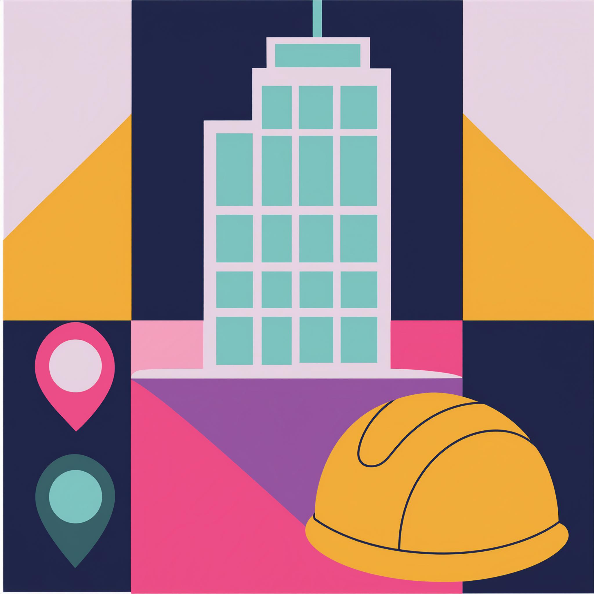 Farbige Grafik mit Hochhaus und Bauhelm