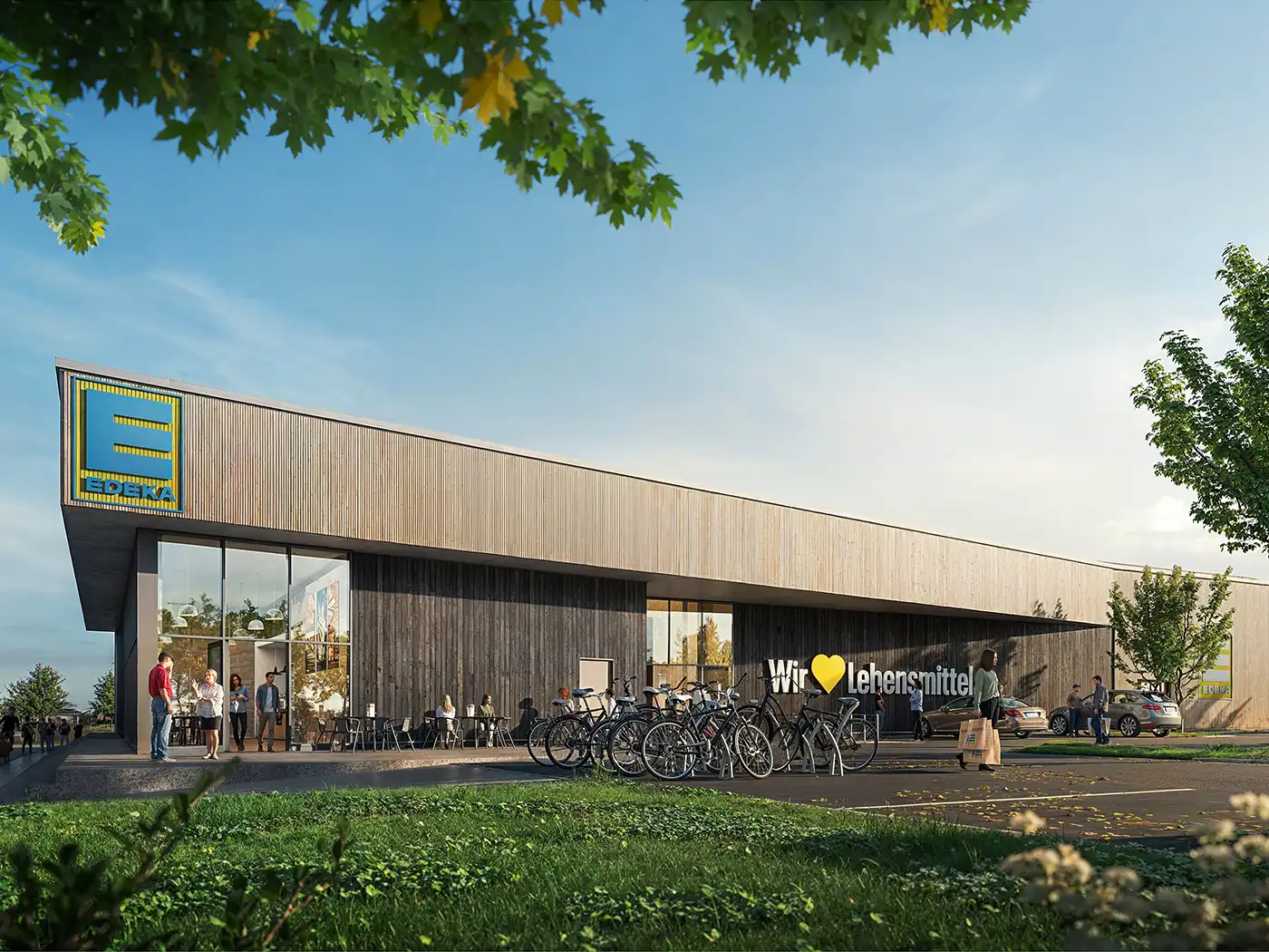 Visualisierung eines Edeka-Marktes als Holzbau mit Flachdach