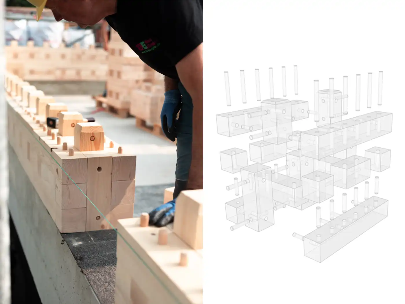 Baustelle mit Triqbriq Holzbausteinen und Dübeln