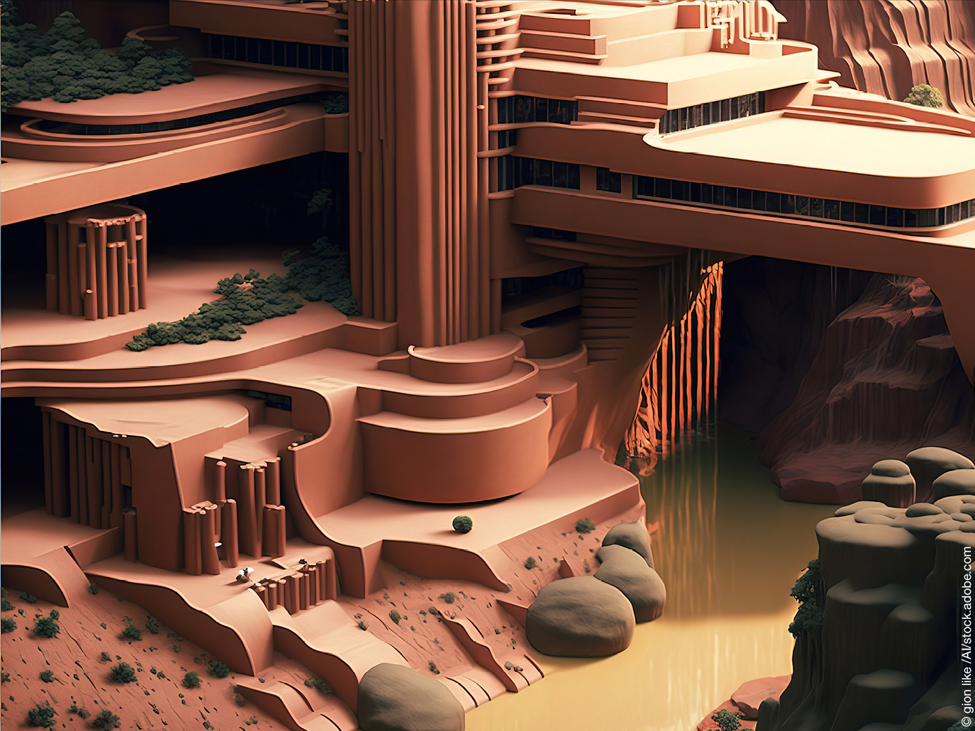 KI-generiertes Bild einer Villa über einem Fluss