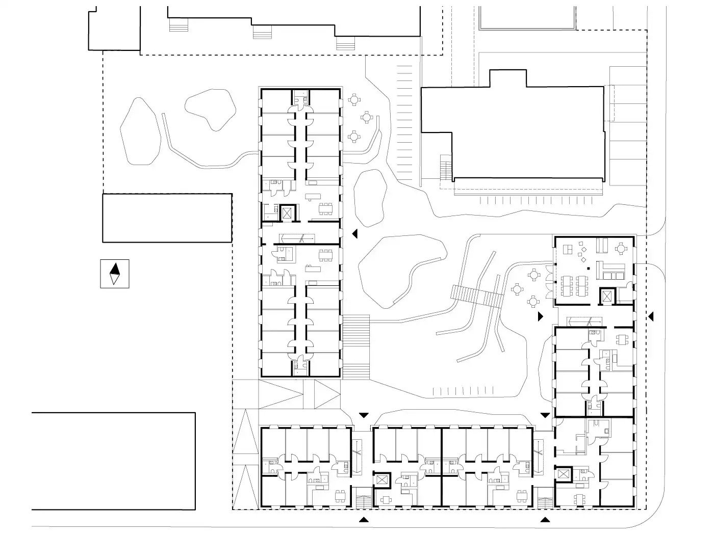Grudriss des Studierendenwohnheims in LUdwigsburg mit markierten Eingängen