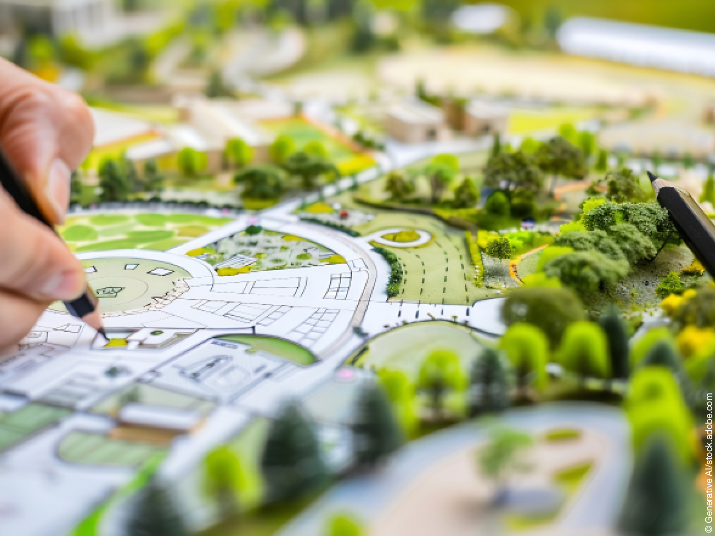 Zeichnende Hand an einem Papierplan mit Modellbäumen