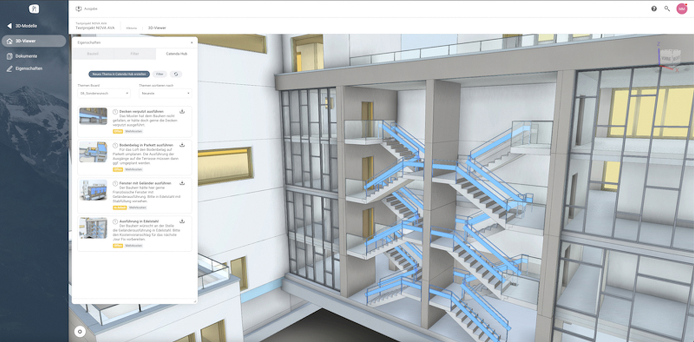 Screenshot aus Catenda Hub mit virtuellem Gebäudemodell und Treppenhaus.