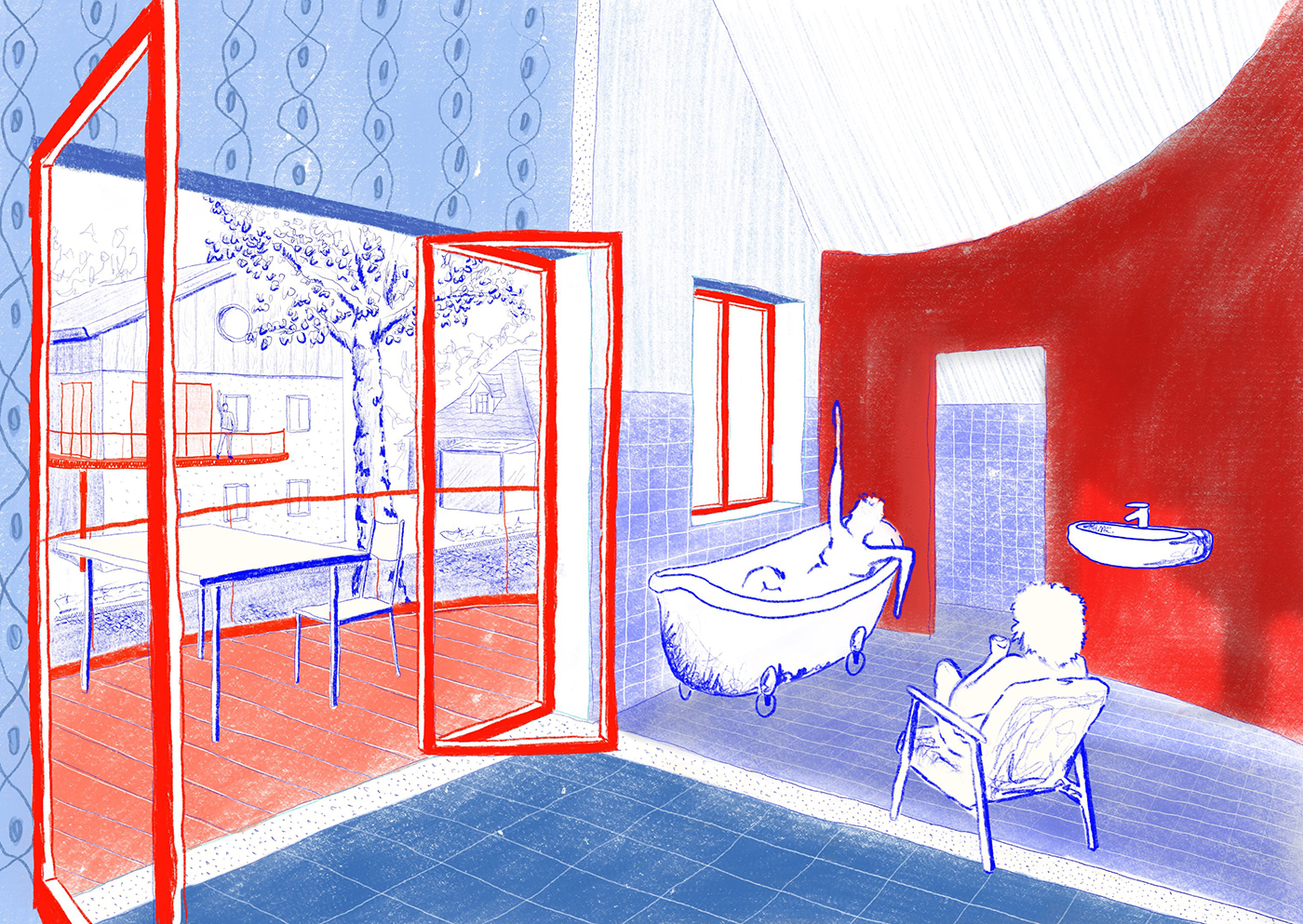 Zeichnung eines ofenen Badezimmers mit großer Öffnung zum Balkon