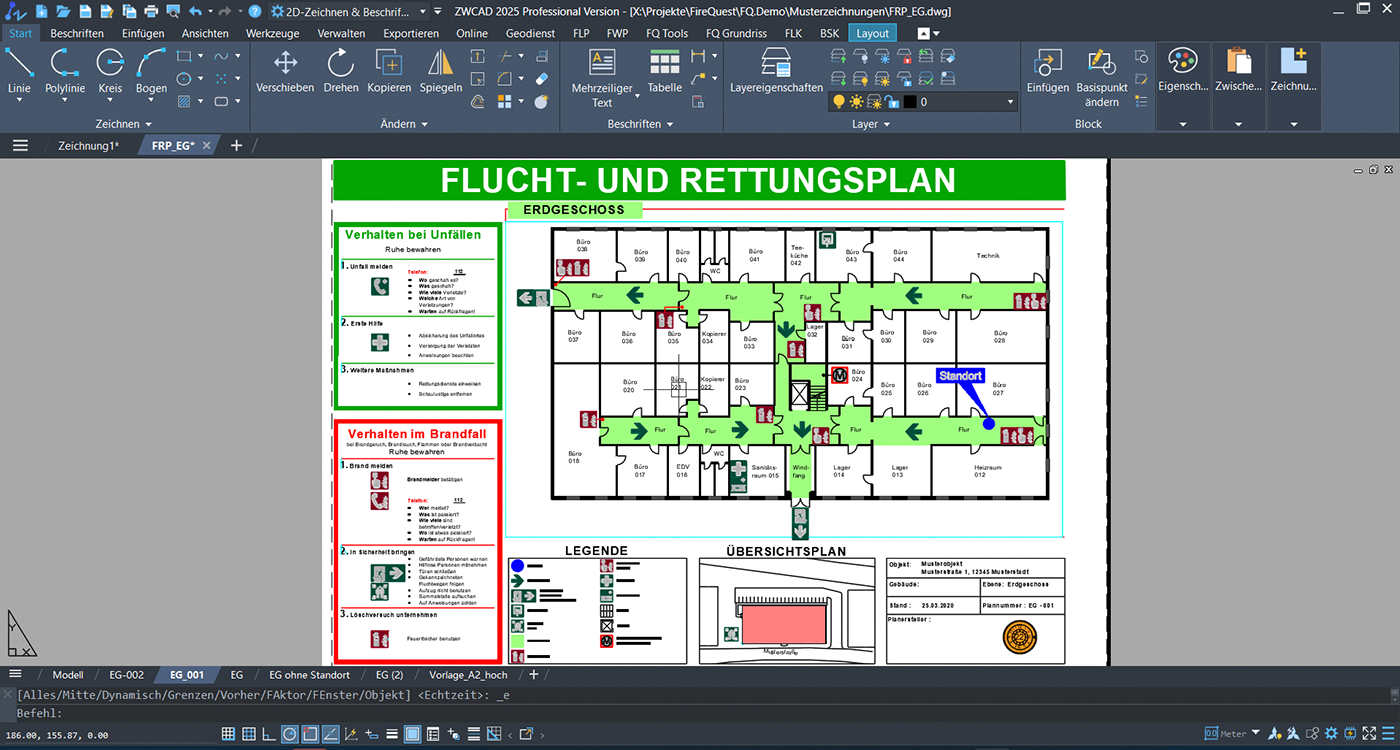 Screenshot eines Flcuht- und Rettungsplans in Software ZWCAD