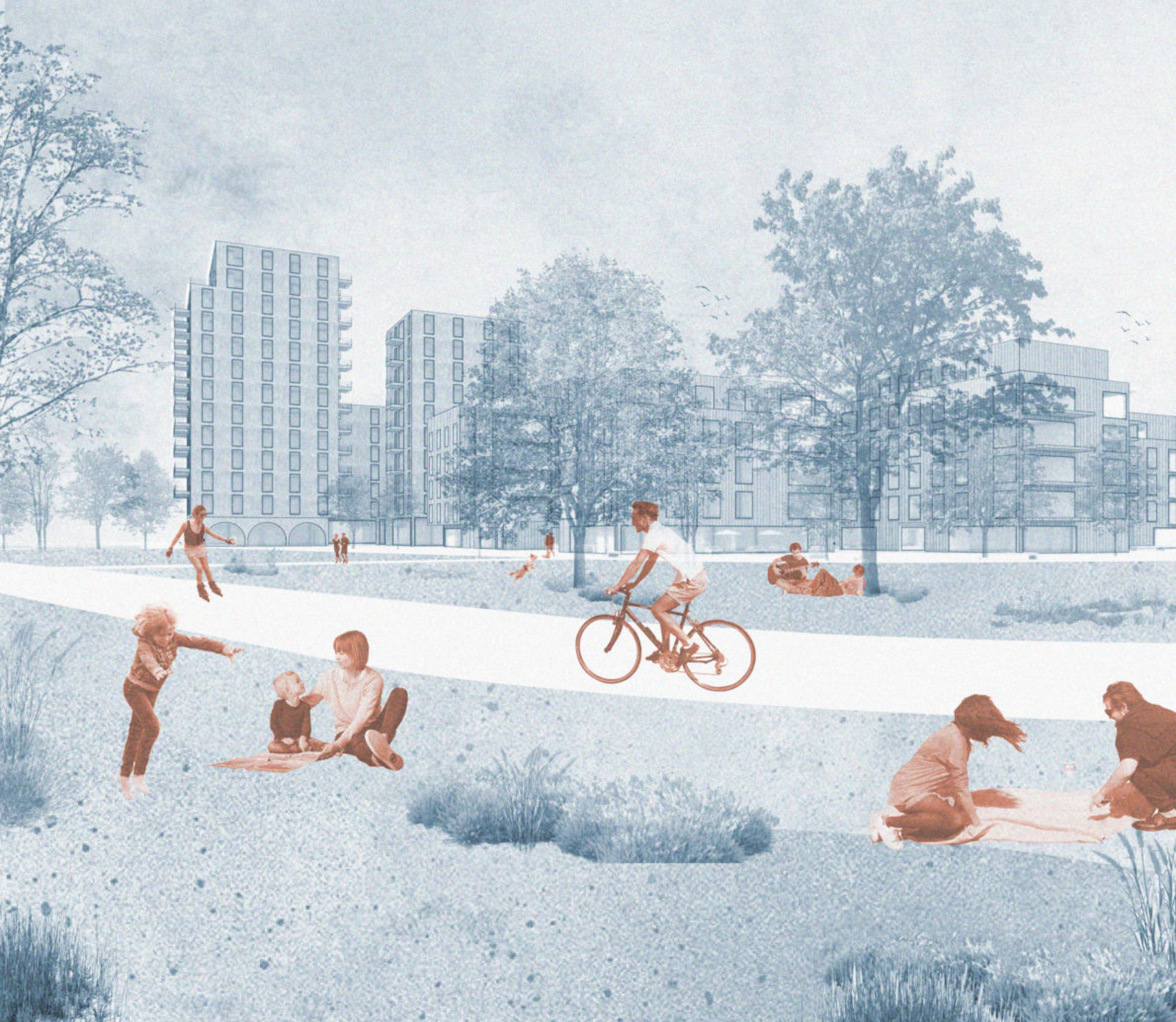 Illustration mit Menschen im Park und Häusern im Hintergund