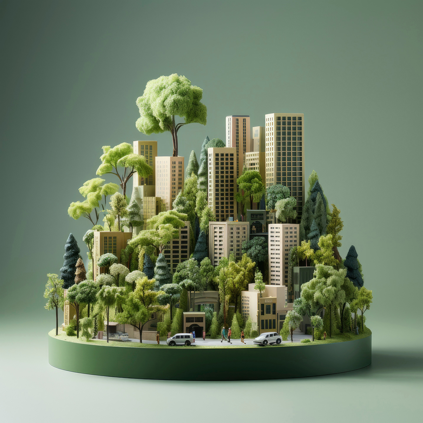 KI-Bild von Gebäuden zwischen üppigen Bäumen