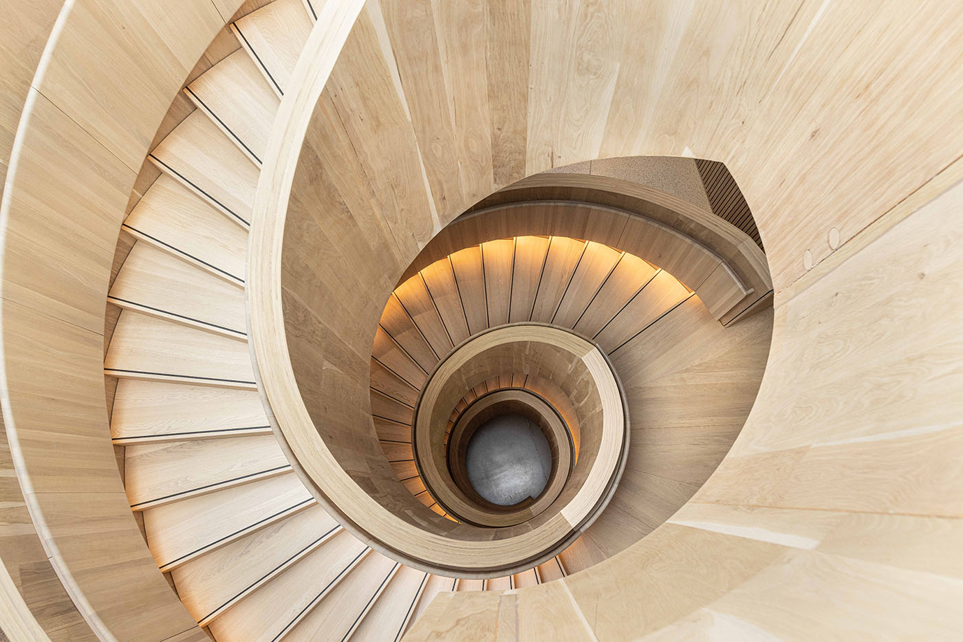 Blick von oben auf eine Wendeltreppe aus Holz im Rapunzel Besucherzentrum