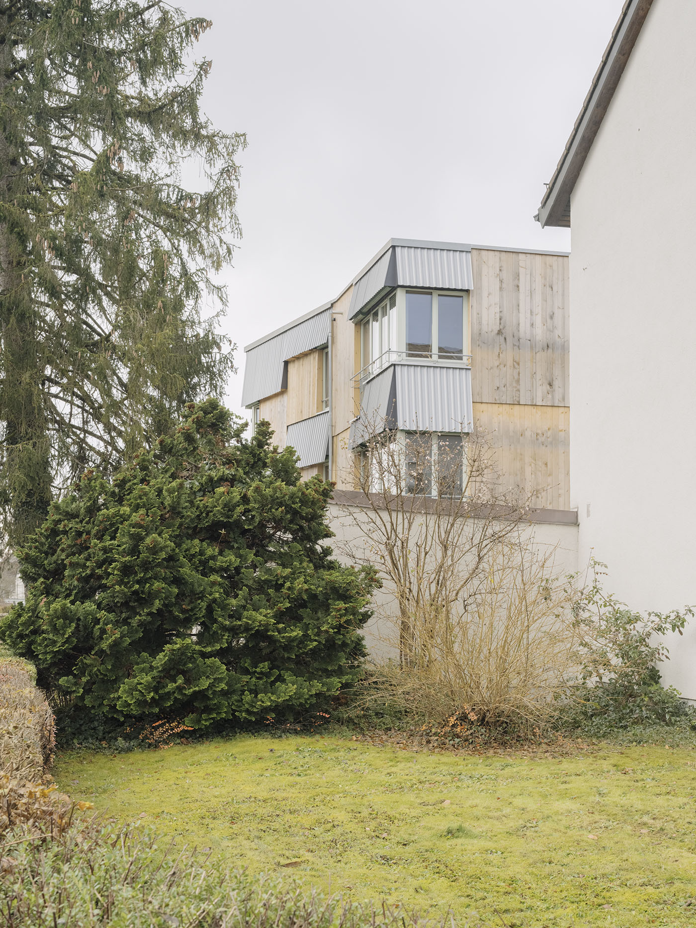 Wohnhaus mit Holzfassade und grauem Wellblech