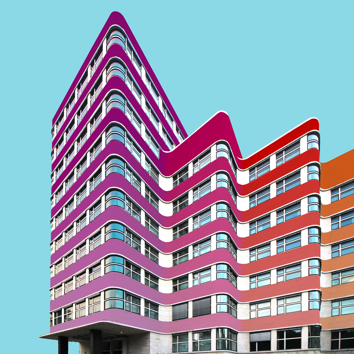 Shell Haus mit Fassade in violett-rotem Farbverlauf