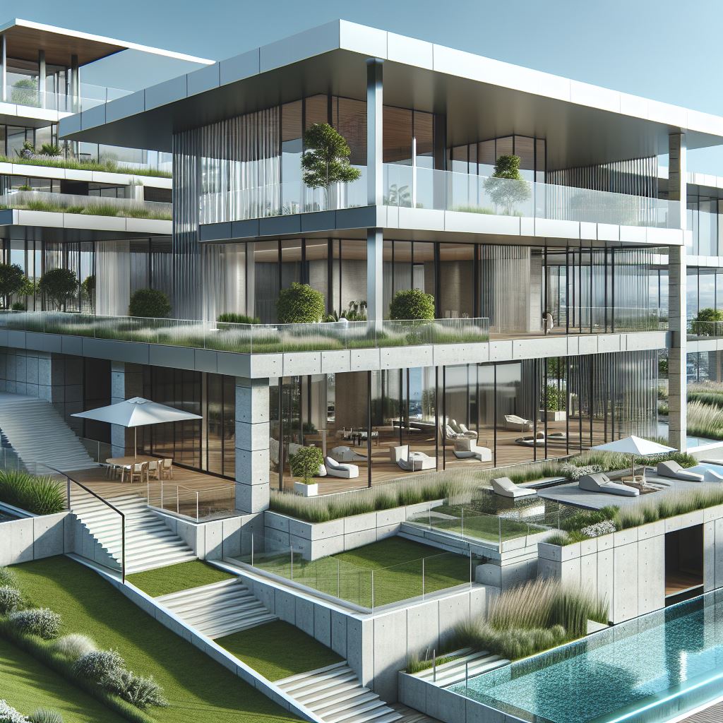 KI-generiertes Bild einer modernen Villa mit Terrassen, Glas und Beton