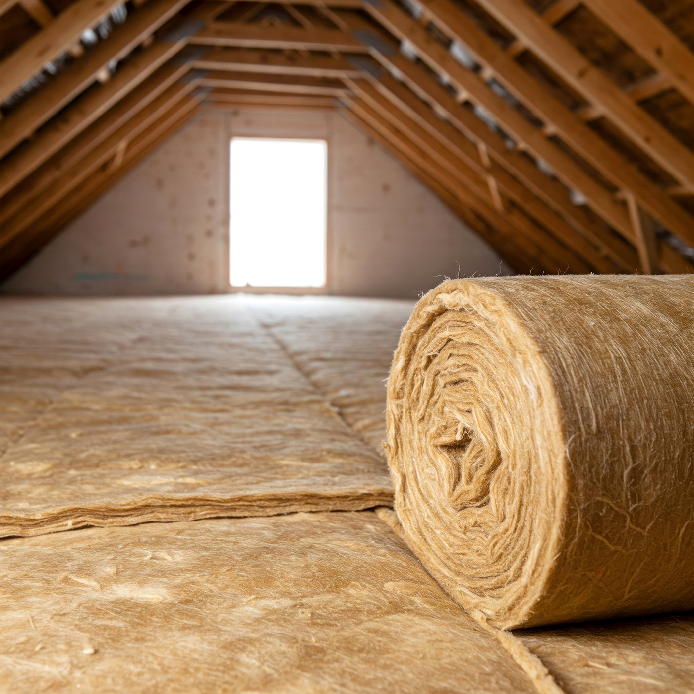 Zusammengerolltes Dämmmaterial auf einem Dachboden mit Spitzdach aus Holz