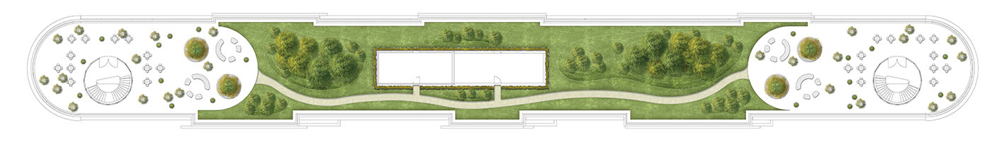 Plan eines Dachgartens mit zwei Treppenaufgängen und einem Weg