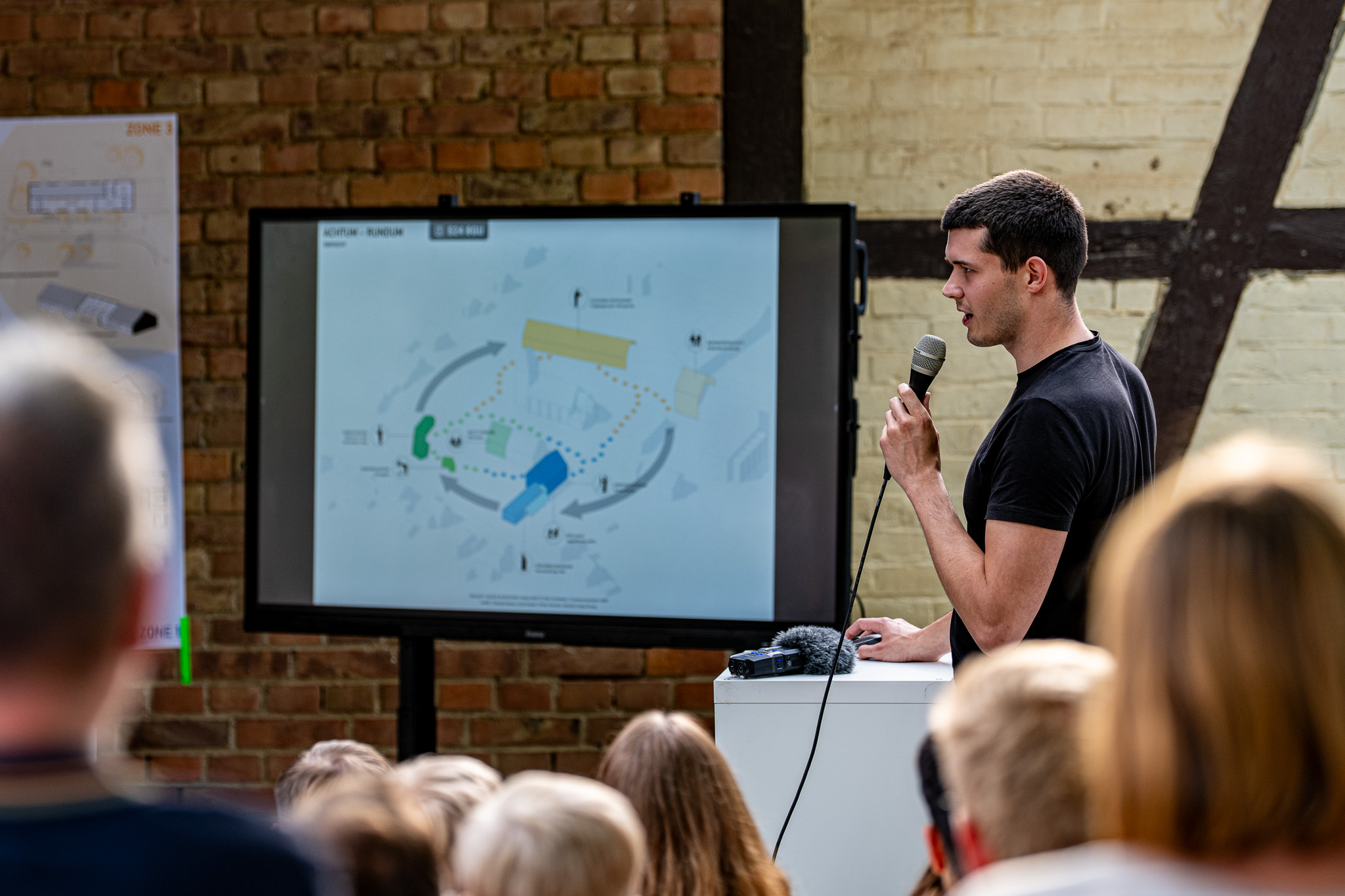 Niklas Müller mit Mikro vor einer Grafik