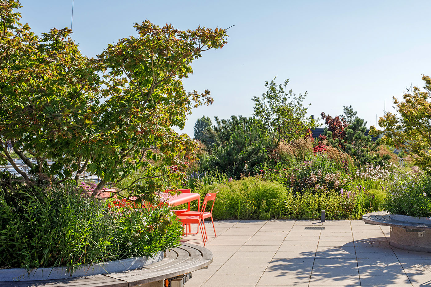 Dachgarten mit Sitzbänken, Büschen und Stauden