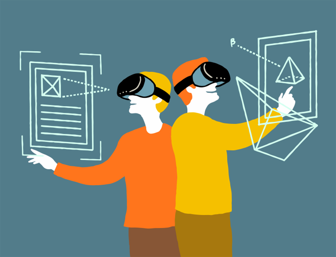 Illustration mit zwei Menschen in orangefarbenen und gelben Pullovern und VR-Brillen auf den Köpfen.