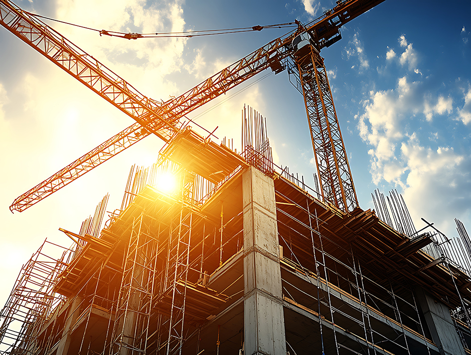 Zwei sich kreuzende Kräne, ein Rohbau und Sonne
