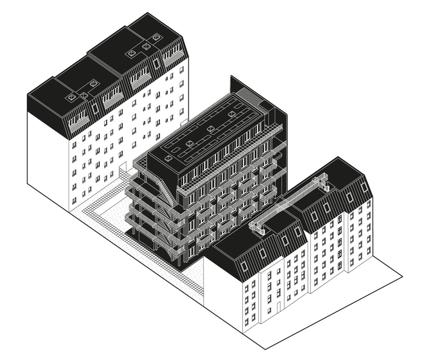 Bauzeichnung von drei Wohnblöcken in Modulbauweise.